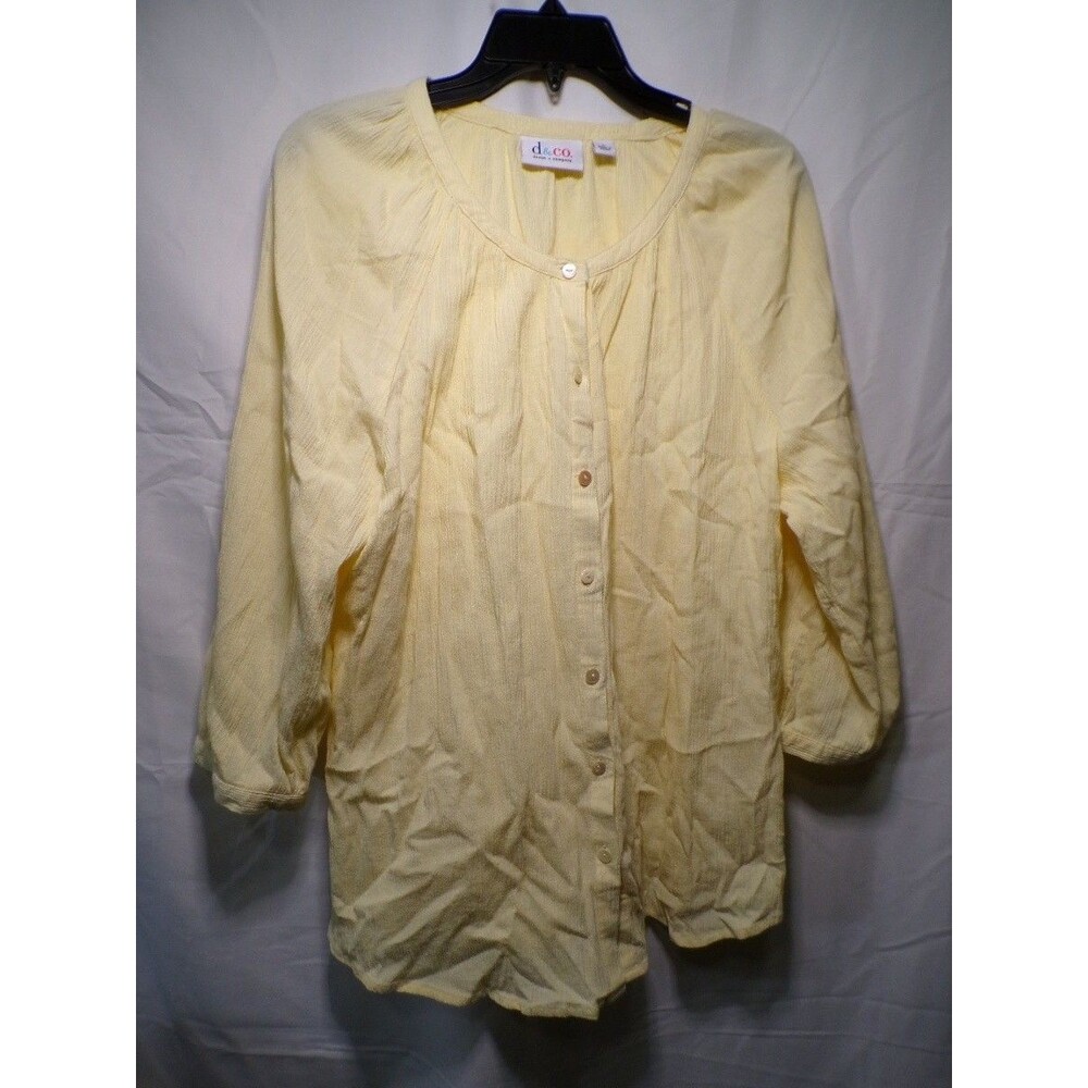 Denim & Co. Women's Yellow Button Front Blouse Size L Crinkle Peasant Top